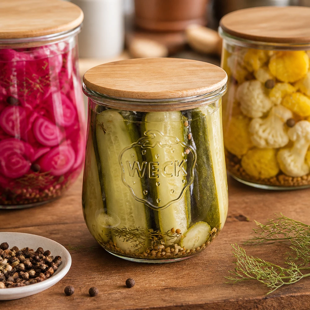 1062ml Dóza na tulipány WECK RR100 s dřevěným víčkem. WECK Tulpenglas RR100 1062ml mit Holzdeckel gefüllt mit eingelegten Gewürzgurken und Dill auf Holztisch mit Gewürzen