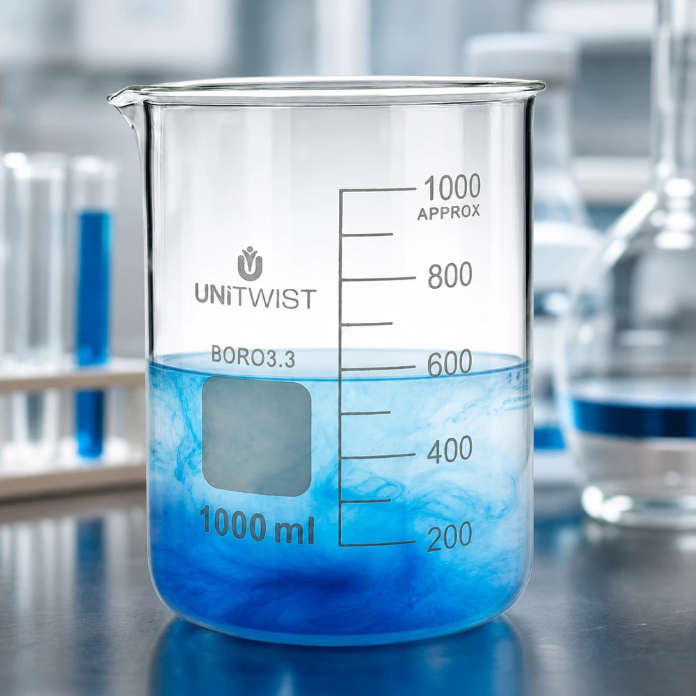 Transparentes Laborbecherglas 1000ml niedrige Form mit sich auflösender blauer Substanz