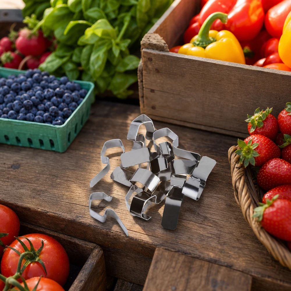 Zavařovací svorka Einkochklammern Edelstahl umgeben von frischem Gemüse Obst und Beeren auf rustikalem Holztisch Küchenzubehör