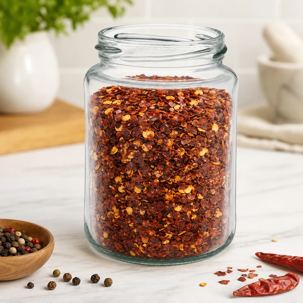 Kulatá sklenice o objemu 382 ml bez víčka (TO66) UNiTWIST UNiTWIST Runda382 Rundglas 382ml TO66 mit Chili-Gewürzmischung gefüllt in heller Küche auf Marmortisch