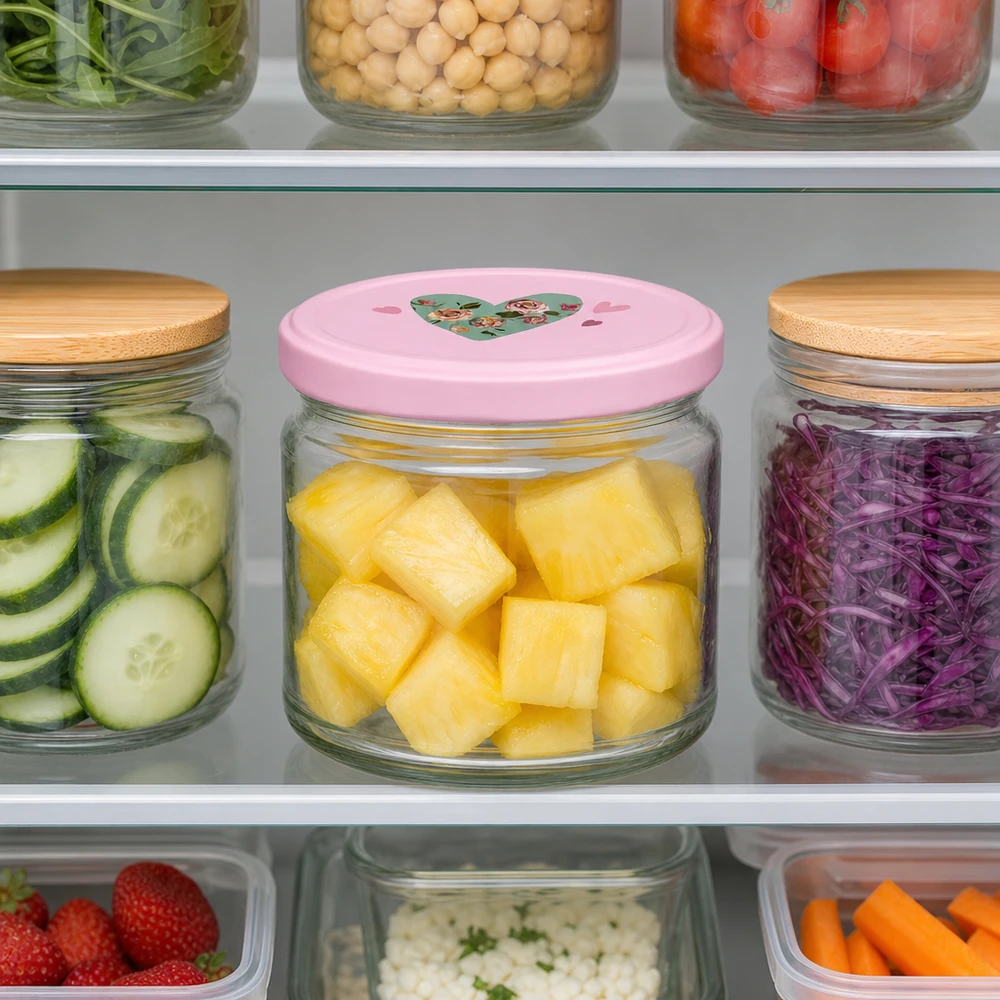 330ml kulatá sklenice + víčko BasicSeal srdíčková růžová UNiTWIST 330ml Rundglas mit rosa Herz-Deckel gefüllt mit Ananas-Stücken im Kühlschrank neben Gemüse und Obst