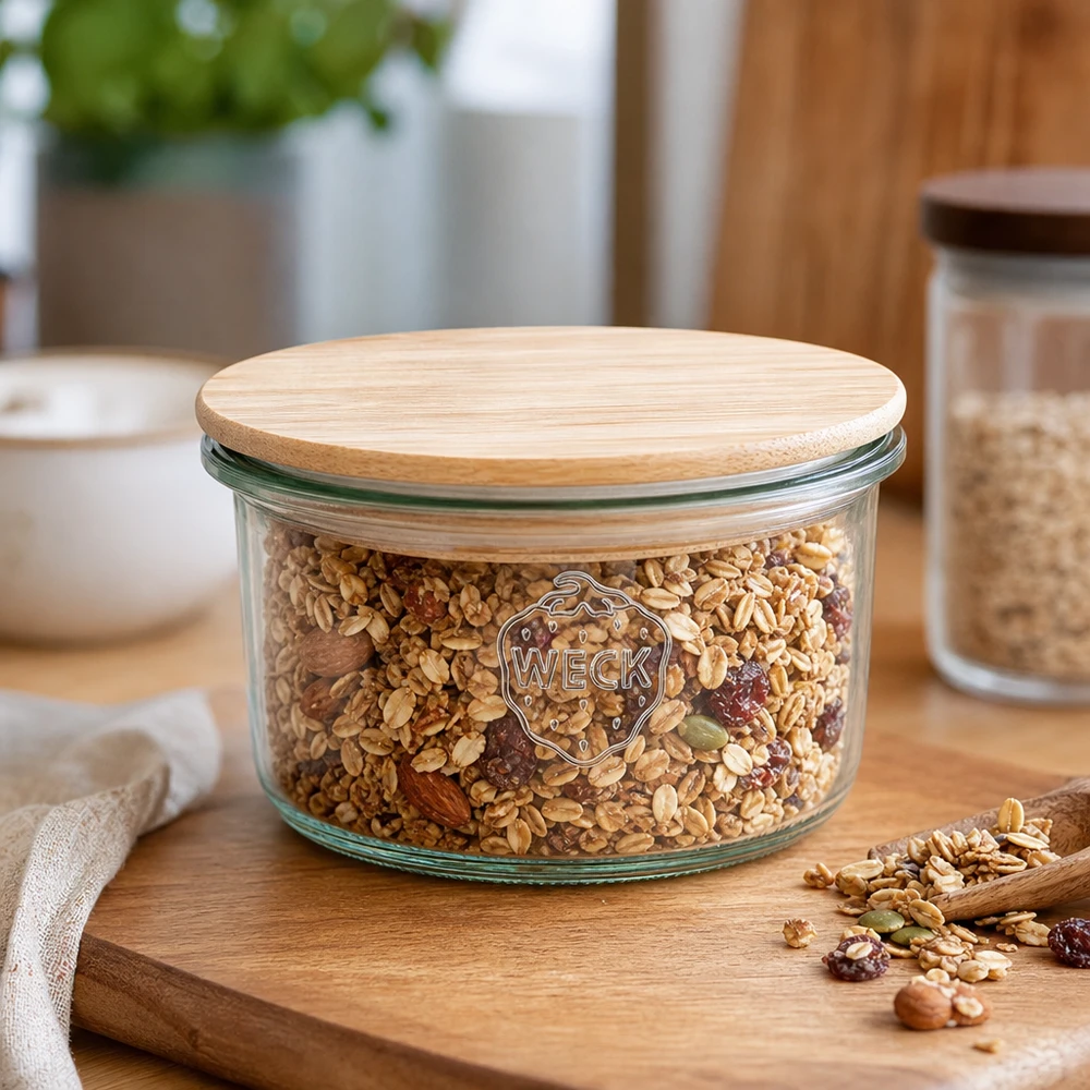 WECK Sturzglas RR80 165ml mit Bambusdeckel gefüllt mit Müsli-Mix auf Holzbrett in moderner Küche