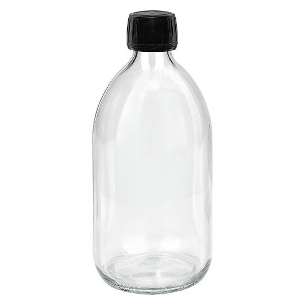 500ml lahvička na léky čirá, černý uzávěr s tamper-evidentním kroužkem ApoGlas 500ml lahvička na léky čirá, černý uzávěr s tamper-evidentním kroužkem ApoGlas