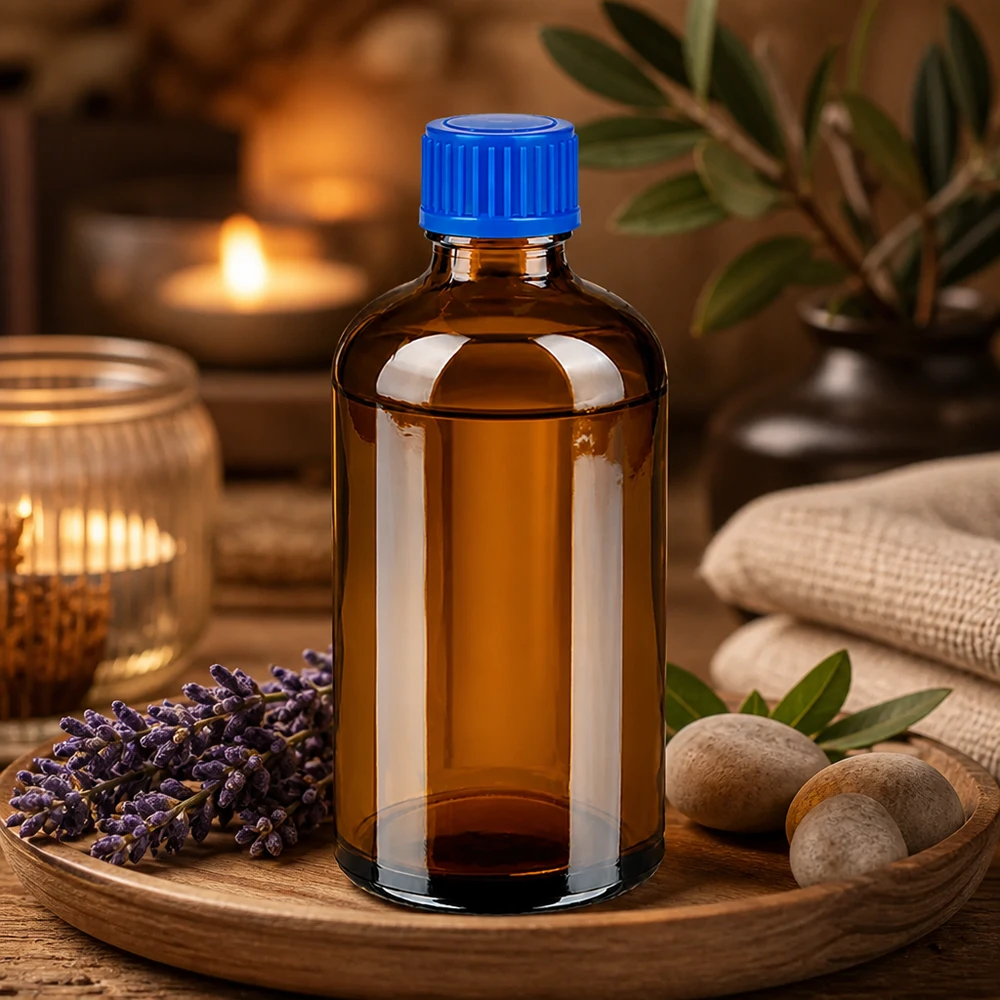 100ml lahvička 11mm šroubovací uzávěr modrá Standard BrownLine UT18/100 Kompakte Glasflasche 100ml mit mattblauem Deckel für professionelle Anwendungen