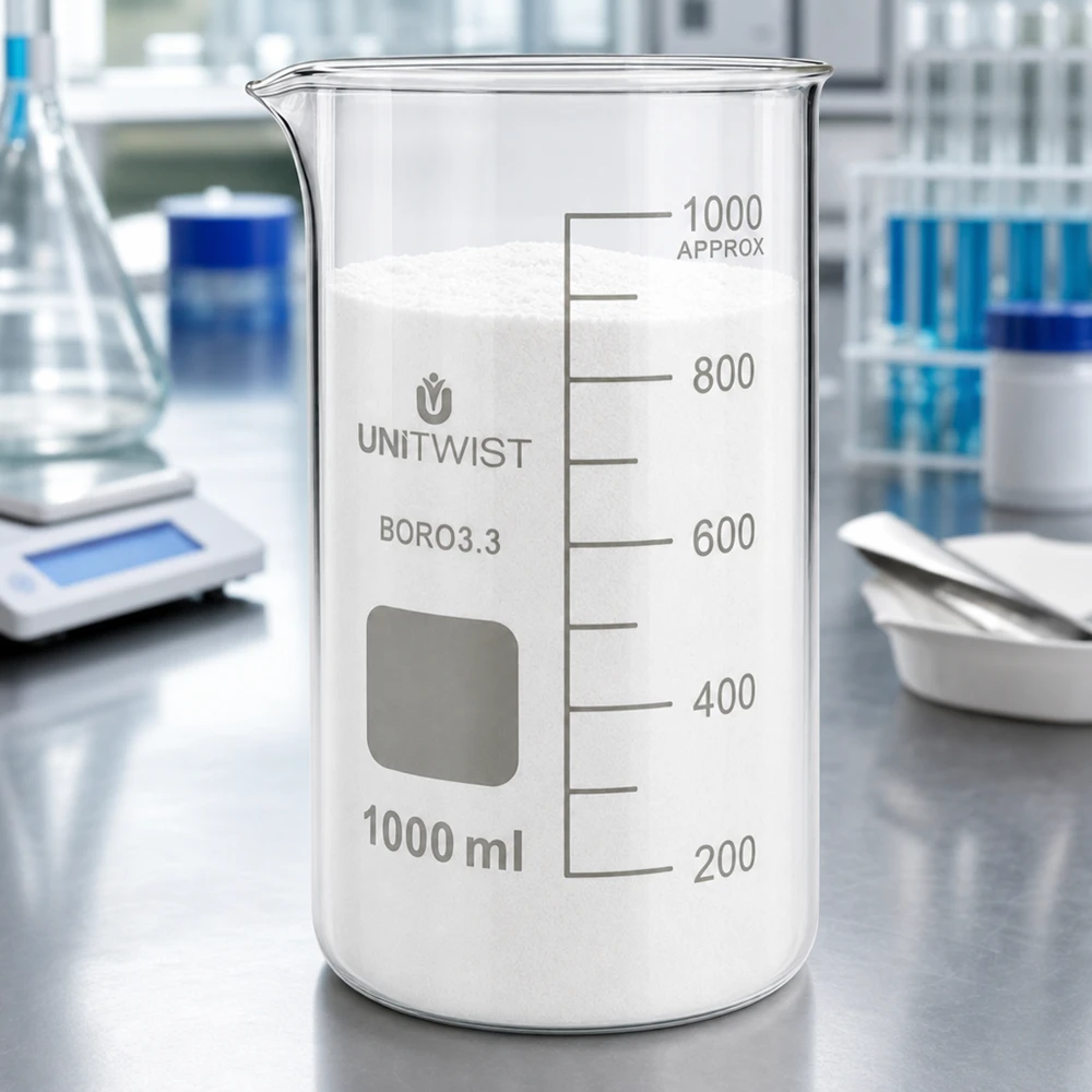 Kádinka 1000 ml borosilikátová, vysoká forma UNiTWIST Laborbecherglas 1000ml hohe Form UNITWIST Borosilikat mit weißem Pulver Spatel und Wiegeschale