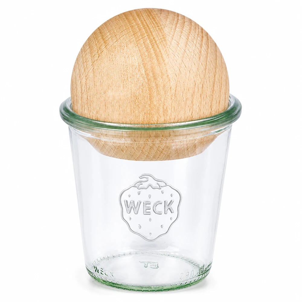 290ml vysoká skleněná nádoba WECK RR80 s dřevěnou kuličkou buk. WECK Sturzglas 290ml RR80 mit Buchenkugel Holzdeckel Einmachglas transparent