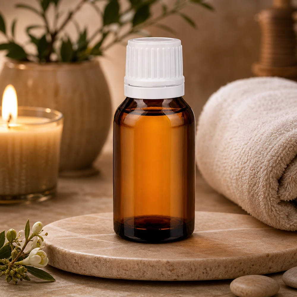 Lékárenská láhev hnědá 15ml se šroubovacím uzávěrem bílá s ochranným uzávěrem proti neoprávněné manipulaci Braune Glasflasche 15ml mit geriffeltem weißem Schraubverschluss für Kosmetik