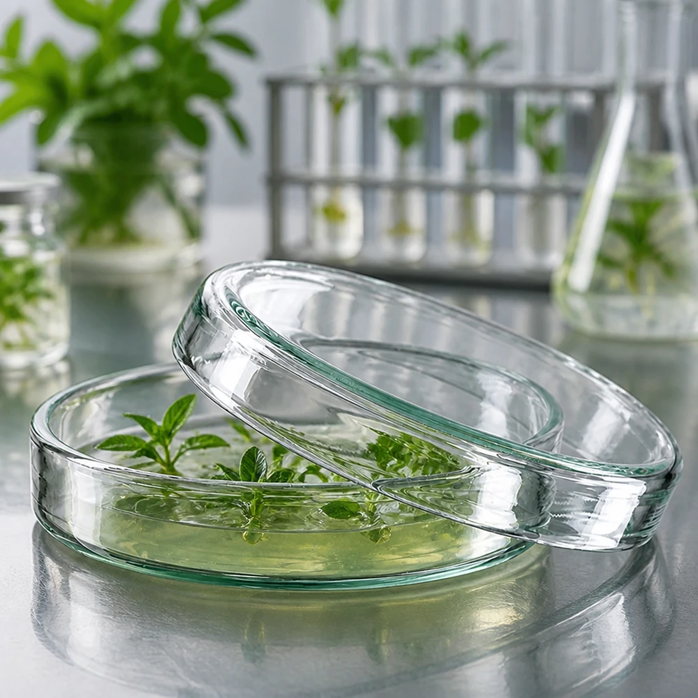 Petriho miska o průměru 60 mm z čirého laboratorního skla pro kultivaci mikroorganismů a buněčných kultur. Výška 15 mm Hitzebeständige Glaspetrischale 60x15 mm mit Pflanzensetzlingen für Biotechnologie