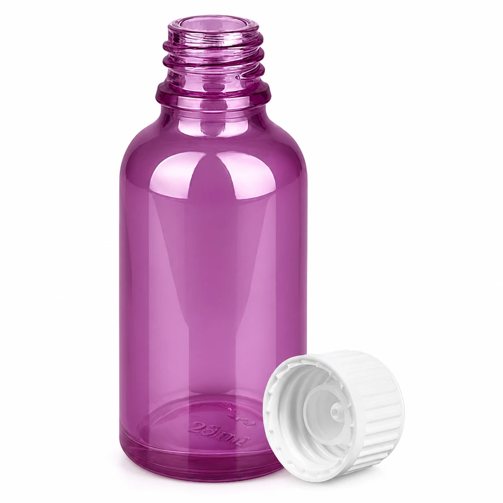 Lahvička o objemu 30 ml (globule). Nalévací kroužek 3 mm bílý Standard PurpleLine. UT18/30 Hochglanz violette Glasflasche 30ml für professionelle Produktpräsentation