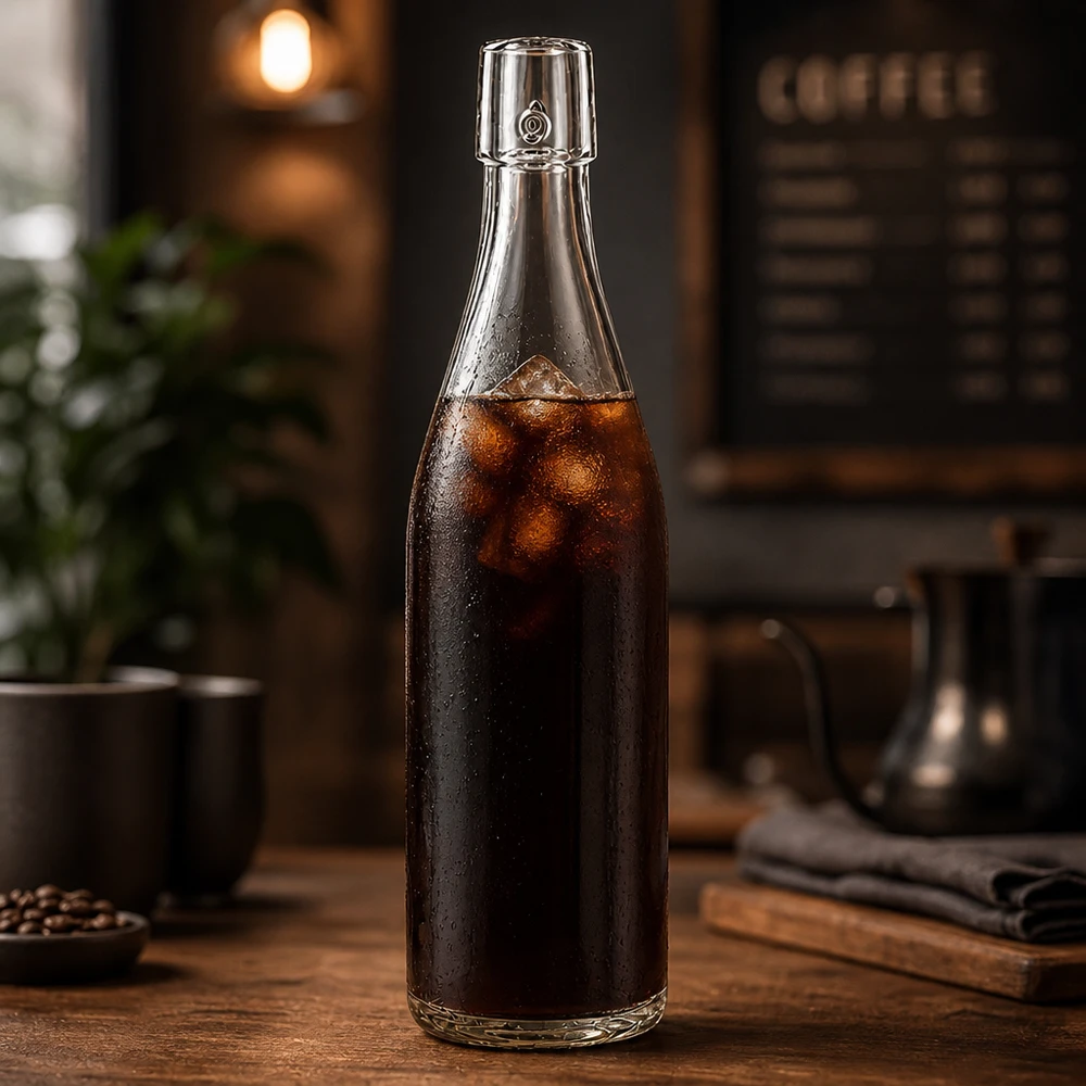Skleněná láhev o objemu 500 ml bez otočného víčka UNiTWIST 500ml UNiTWIST Glasflasche mit Cold Brew Kaffee befüllt und Eiswürfeln in stylischer Café-Atmosphäre
