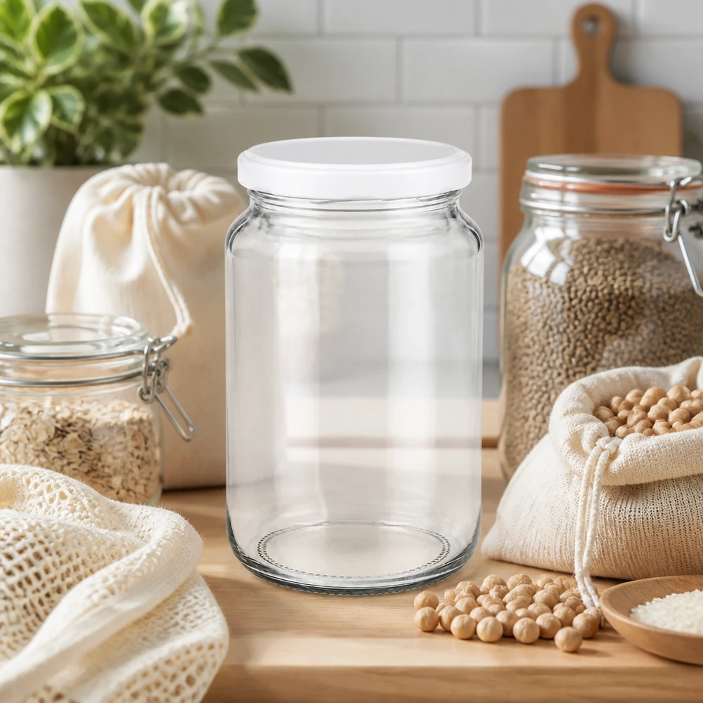 382ml UNiTWIST Rundglas mit weißem BasicSeal Deckel in nachhaltiger Zero-Waste Küche mit Hülsenfrüchten und Stoffbeuteln