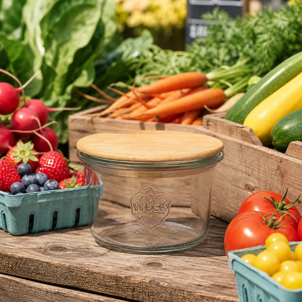80ml tumbler WECK RR60 s dřevěným víčkem WECK Sturzglas 80ml RR60 mit Bambusdeckel auf Holztisch zwischen frischem Gemüse Obst Marktstand Atmosphäre