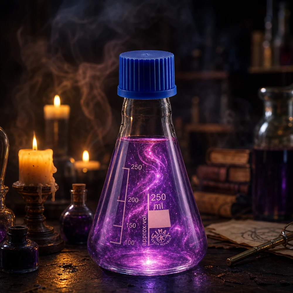 Erlenmeyerova baňka 250ml se šroubovacím uzávěrem Erlenmeyerkolben 250ml mit blauer Polypropylen-Kappe - auslaufsicher und wiederverwendbar