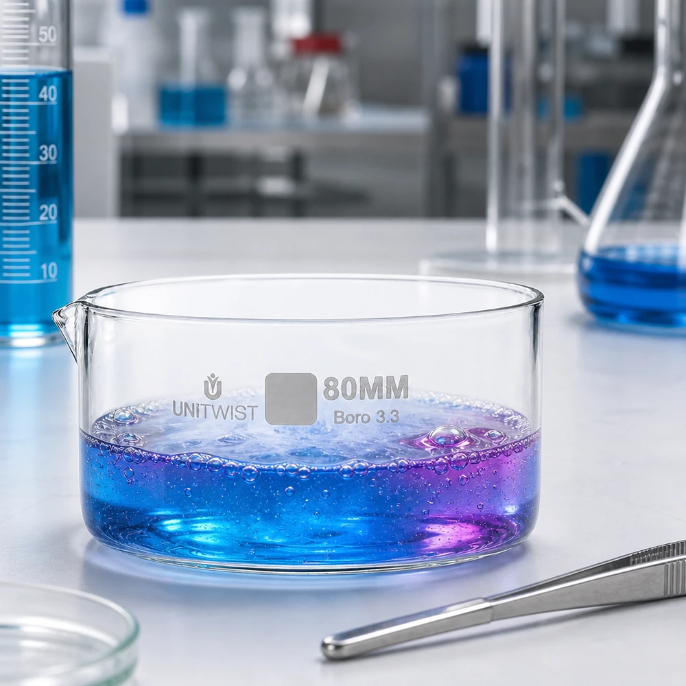 Reaktion in UNiTWIST Kristallisierschale Borosilikatglas 80mm blau-violette Farbe Labor