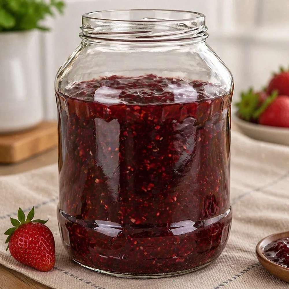 Kulatá nádoba o objemu 2650 ml bez víčka (TO100) UNiTWIST Sturzglas 2650ml mit Erdbeermarmelade gefüllt UNiTWIST Runda2650 Einmachglas TO100 Gewinde Anwendungsbeispiel
