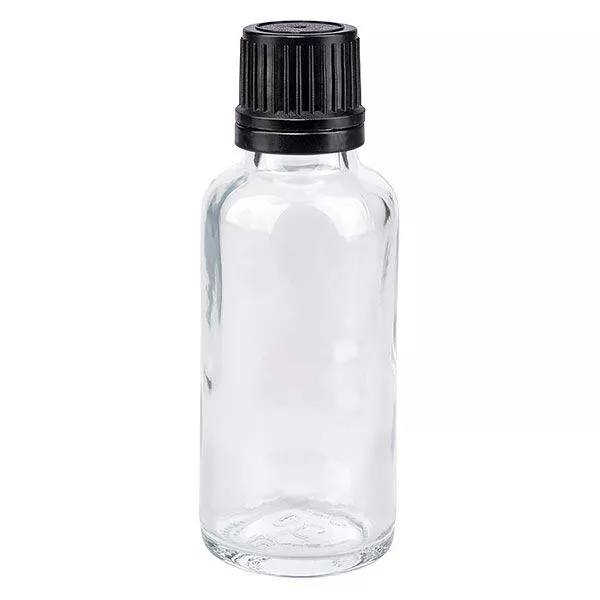 Lékárenská lahvička čirá 30ml kapací uzávěr nalévací kroužek 1mm černý tamper evident uzávěr