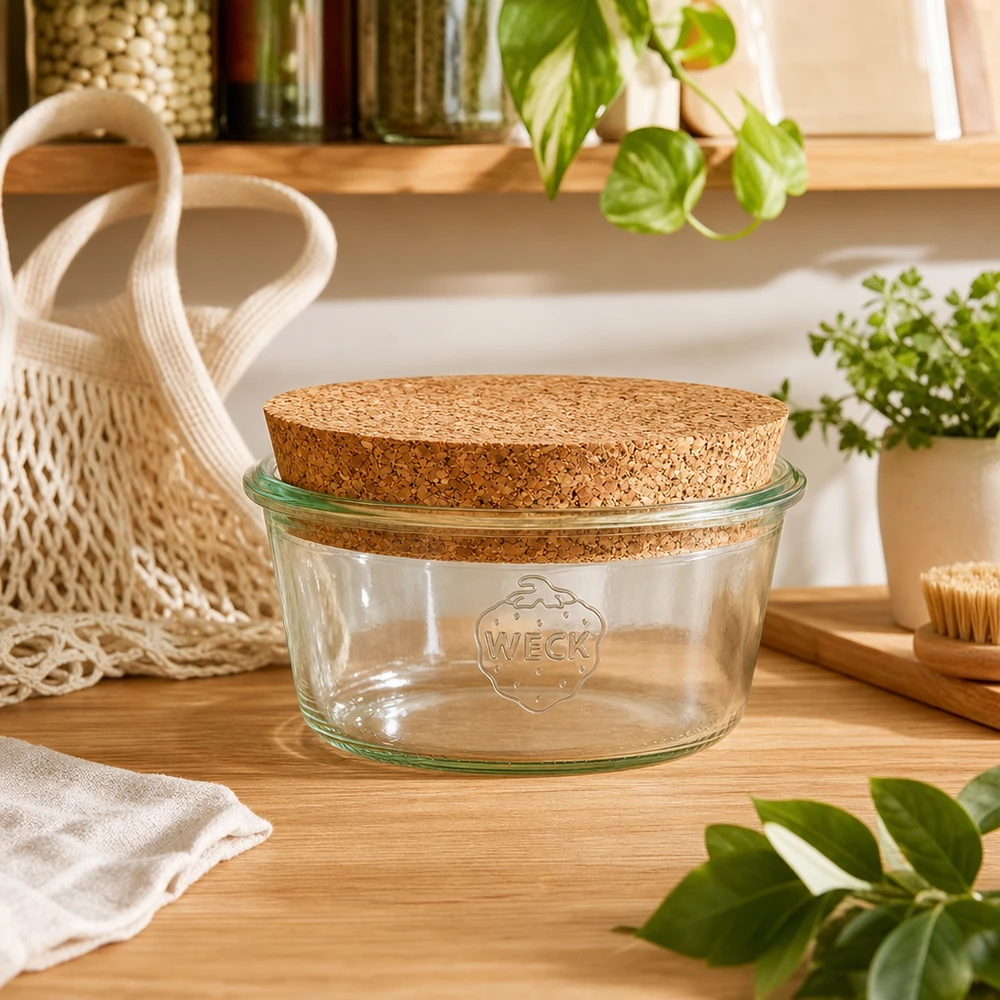 WECK Vorratsglas 290ml RR100 mit Korkdeckel in nachhaltiger Zero-Waste Küche mit Pflanzen und Netzbeutel