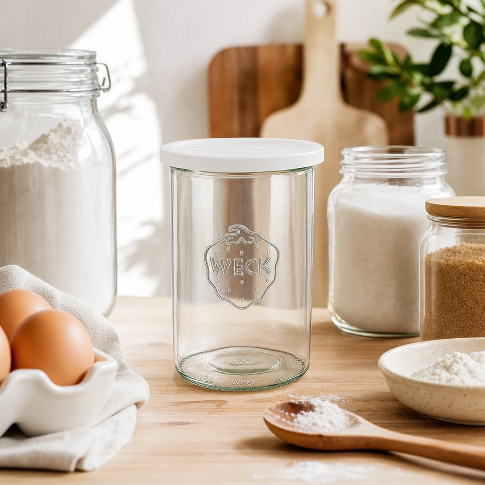 WECK Sturzglas 1000ml RR100 leeres Einmachglas mit Frischedeckel zwischen Mehl Eiern und Küchenutensilien zeigt Backzube
