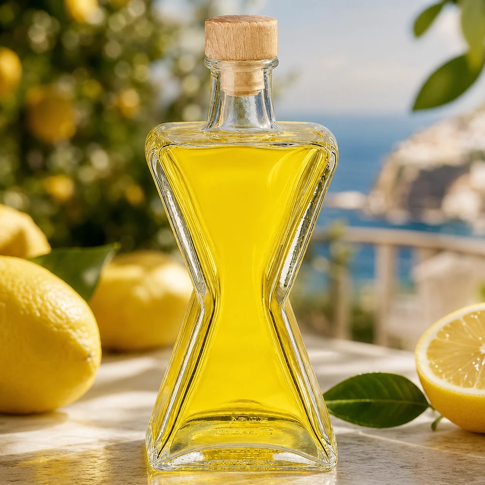 200ml Glasflasche Star gefüllt mit gelbem Öl neben Zitronen - Holzkorken UNiTWIST für Limoncello und Spirituosen