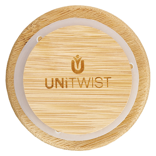 140ml tumblery WECK RR60 s dřevěným víčkem buk. UNITWIST Holzdeckel RR60 Draufsicht mit eingelasertem Logo und transparentem Silikon-Dichtungsring für WECK Gläser
