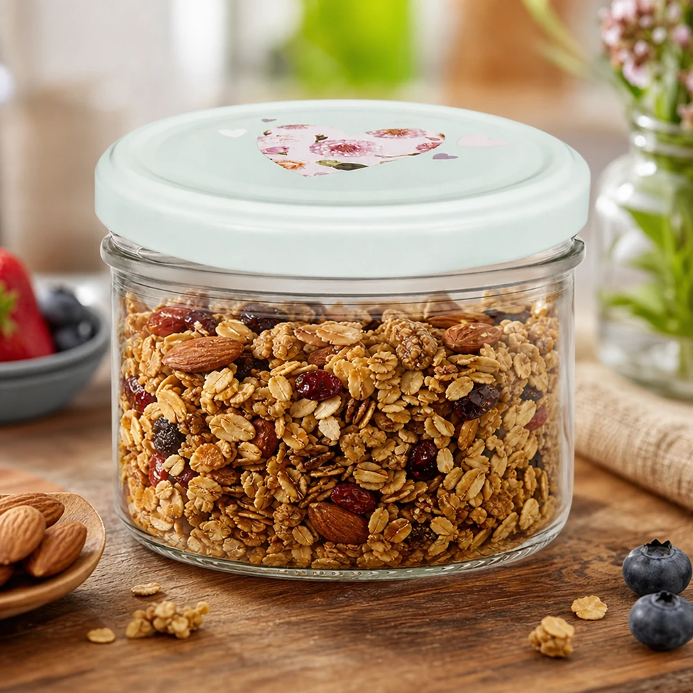 230ml Zylinderglas mit BasicSeal Deckel Herz mint gefüllt mit Müsli Nüssen und Trockenfrüchten auf Holzuntergrund