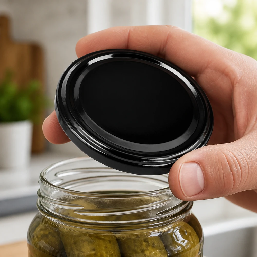 48mm víko BioSeal černé (TO48) UNiTWIST Víko UNiTWIST TO48 černé BioSeal BPA-NI se sundává ze sklenice na nakládání okurek