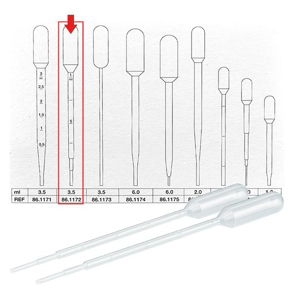 Přenosová pipeta o objemu 3,5 ml (156x12,5 mm) s dělením. Přenosová pipeta o objemu 3,5 ml (156x12,5 mm) s dělením.