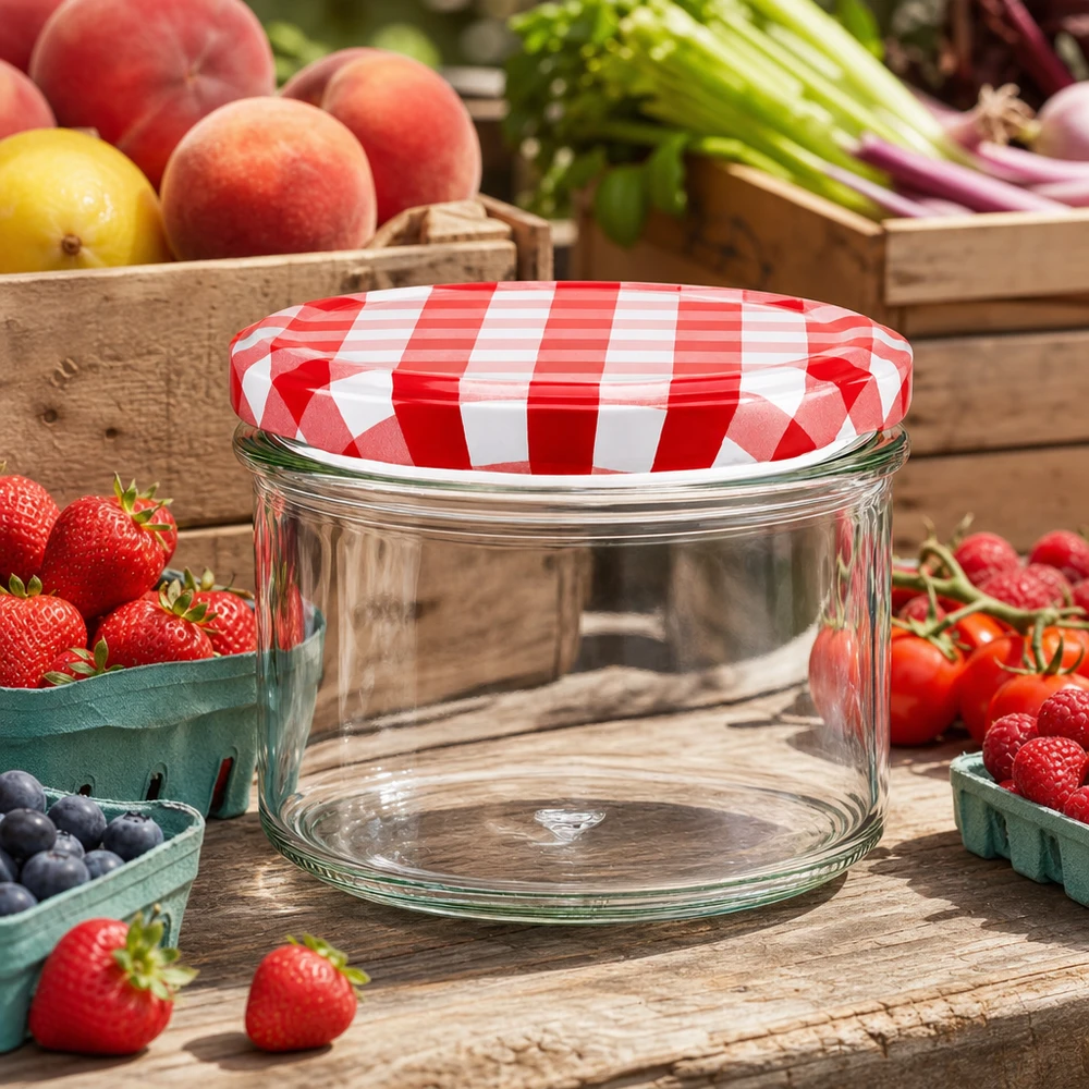 225ml kelímky + víčko BasicSeal červené/bílé UNiTWIST 225ml Sturzglas leer mit rot-weiß kariertem BasicSeal Deckel umgeben von frischem Obst und Gemüse zum Einkochen