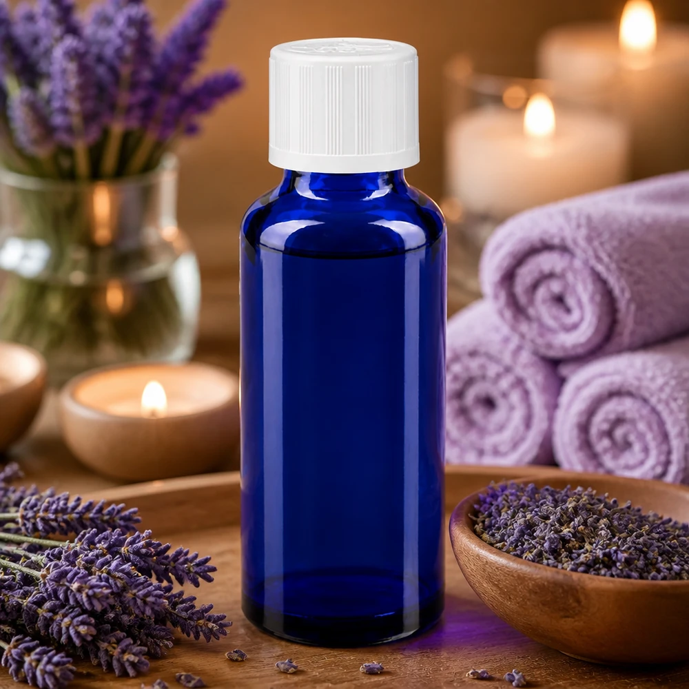 Lékárenská láhev modrá 30ml šroubovací uzávěr bílý standardní odolný proti otevření dětmi. Apothekerflasche blau 30ml Schraubverschluss weiß für Essenzen und medizinische Flüssigkeiten