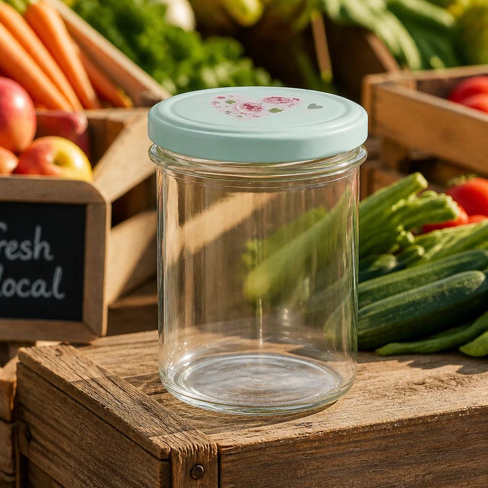 350ml kelímky + víčko BasicSeal srdíčková máta UNiTWIST Leeres 350ml Sturzglas mit BasicSeal Deckel Herz mint auf Holzkiste Bauernmarkt Gemüsestand Aufbewahrung
