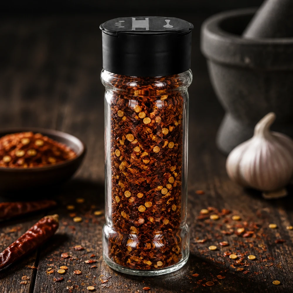 Rundes 100ml Salz- und Gewürzglas mit schwarzem Doppelstreuer zwischen getrockneten Chilischoten