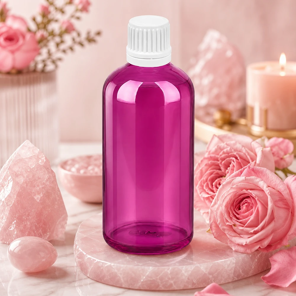 100ml lahvička s kapátkem 0,7mm bílé sklo Originality šroubovací uzávěr PurpleLine UT18/100 Violette Dosierflasche 100ml mit kindersicherem Verschluss für sichere Aufbewahrung von Tinkturen