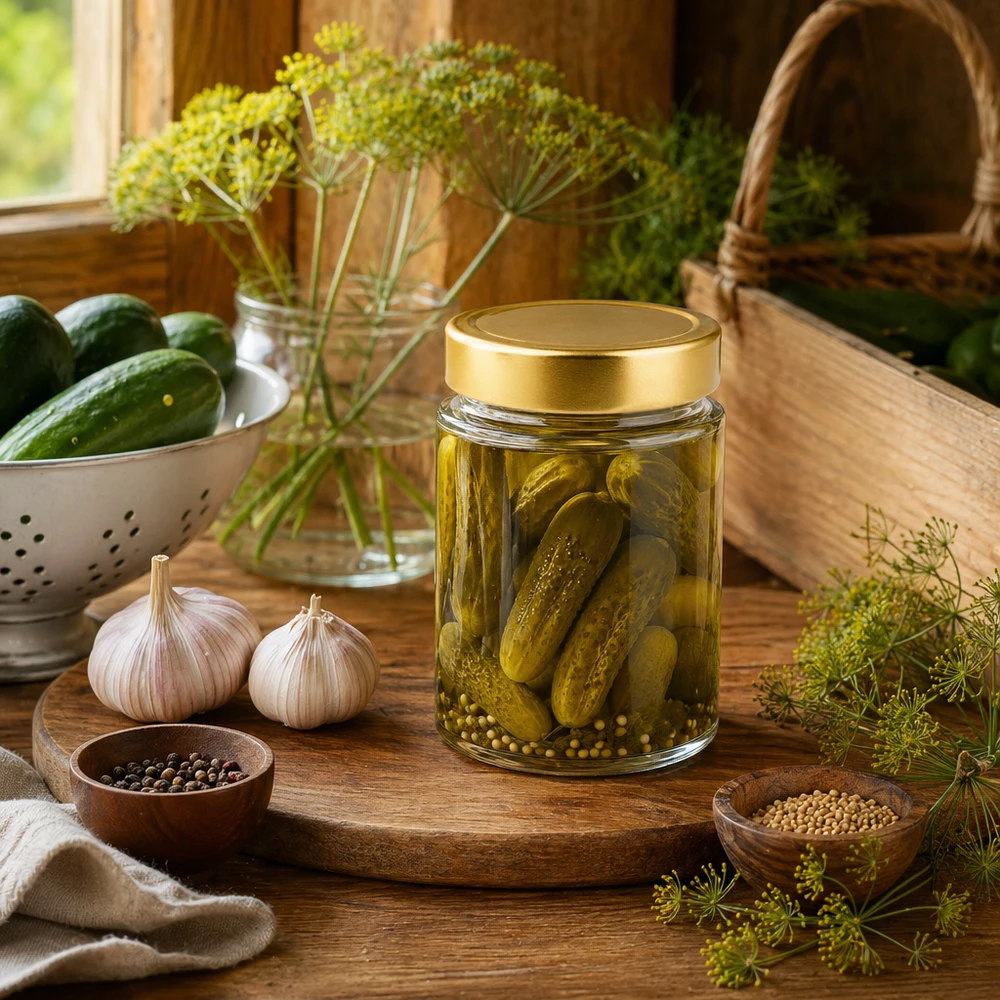 202ml kulatá zavařovací sklenice s víčkem BasicSeal zlatá hluboká UNiTWIST. 202ml Rundglas mit goldenem Deckel voller Essiggurken - traditionelles Einmachglas für eingelegtes Gemüse