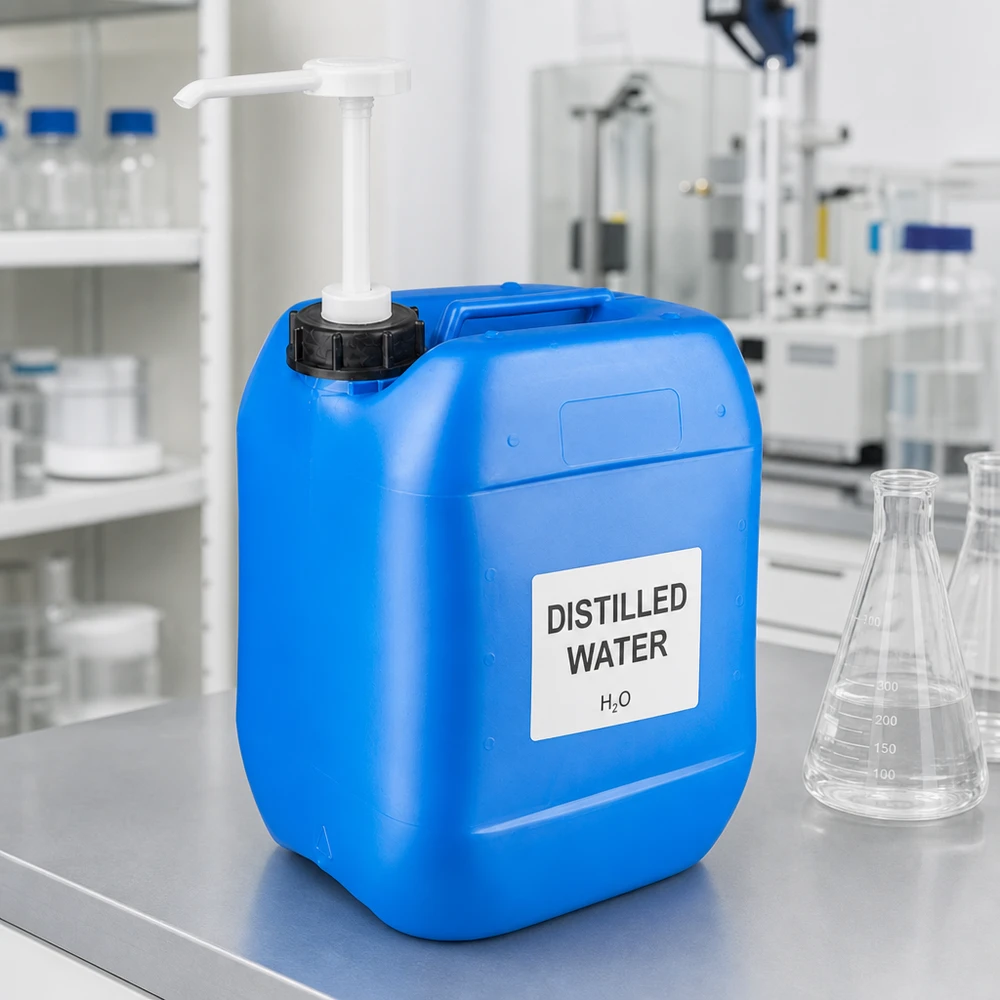 Kanystr 10 litrů modrý s dávkovacím čerpadlem Blauer Chemikalienkanister mit Dosierpumpe zur präzisen Flüssigkeitsentnahme im Labor