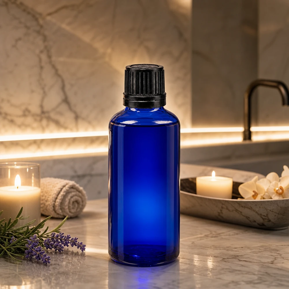 Lékárenská láhev modrá 50ml kapátko uzávěr nalévací kroužek 1mm černý tamper evidentní uzávěr. Schlanke kobaltblaue 50ml Glasflasche mit gerilltem Schwarzverschluss vor Marmorfliesen