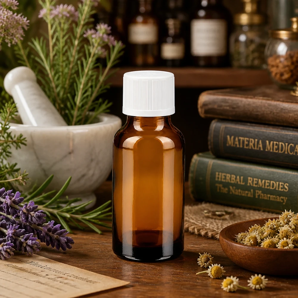 Kleine braune Apothekerflasche 20ml mit kindersicherem Weißdeckel auf rustikalem Holztisch mit Heilkräutern