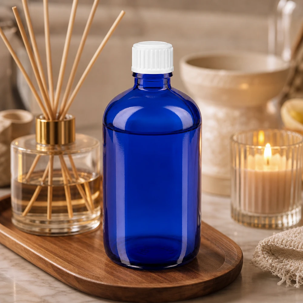 Lékárenská láhev modrá 100ml šroubovací uzávěr bílý standardní Kompakte blaue Vorratsflasche 100ml aus UV-Schutzglas mit weißem Deckel für Öle und Tinkturen