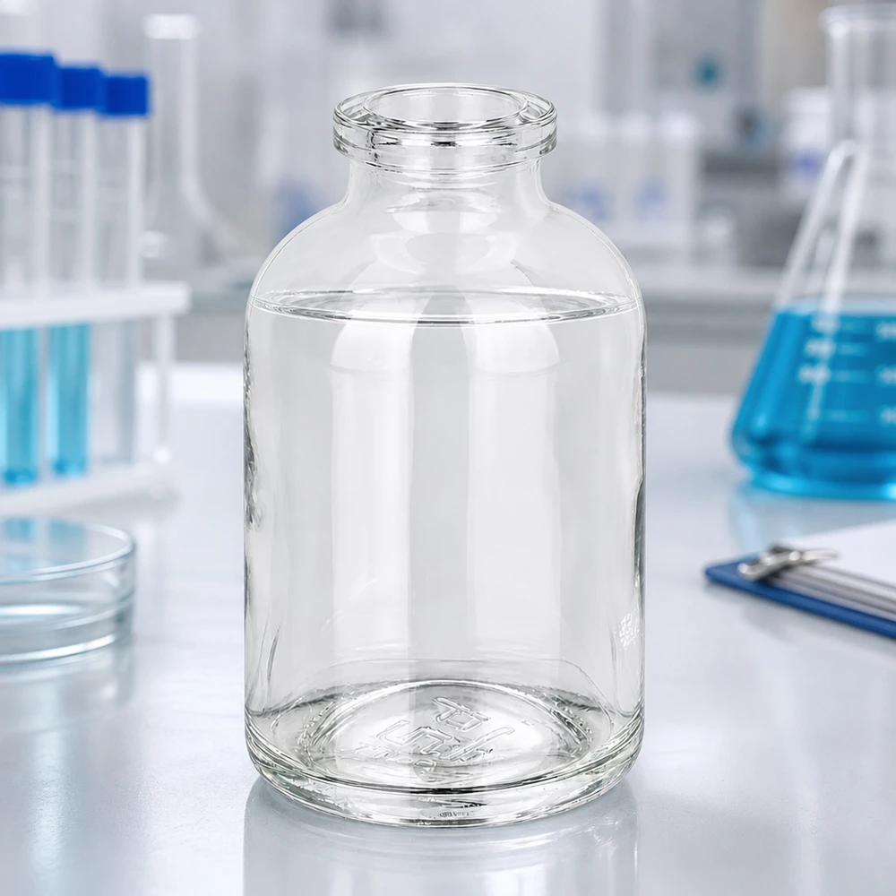 Injekční láhev z čirého skla 50 ml Kompakte Injektionsflasche 50ml Klarglas mit charakteristischer Schulterform und Enghals