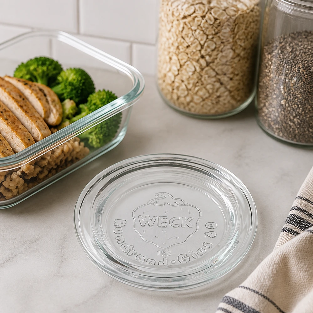 WECK Glasdeckel RR60 auf Marmor-Arbeitsplatte neben Meal-Prep-Container mit Brokkoli und Vorratsgläsern Küchen-Lifestyle