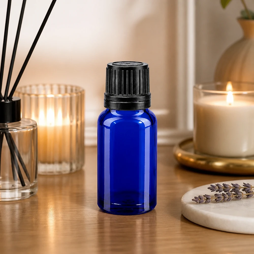 Blaue 10ml Glasflasche mit Originalitätsverschluss schwarz ideal zur Aufbewahrung von Essenzen