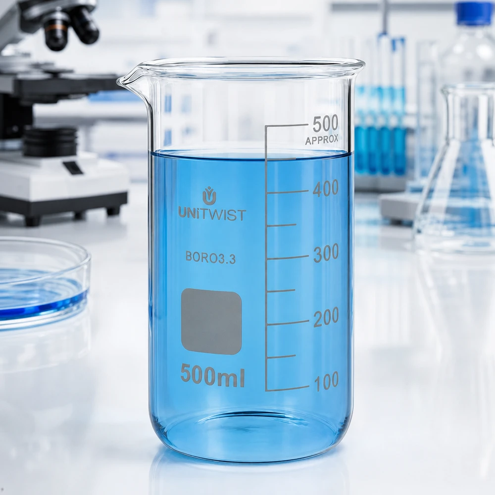 Kádinka 500 ml borosilikátová, vysoká forma UNiTWIST UNITWIST Laborglas 500ml mit Skalierung 100 bis 500ml hohe zylindrische Form