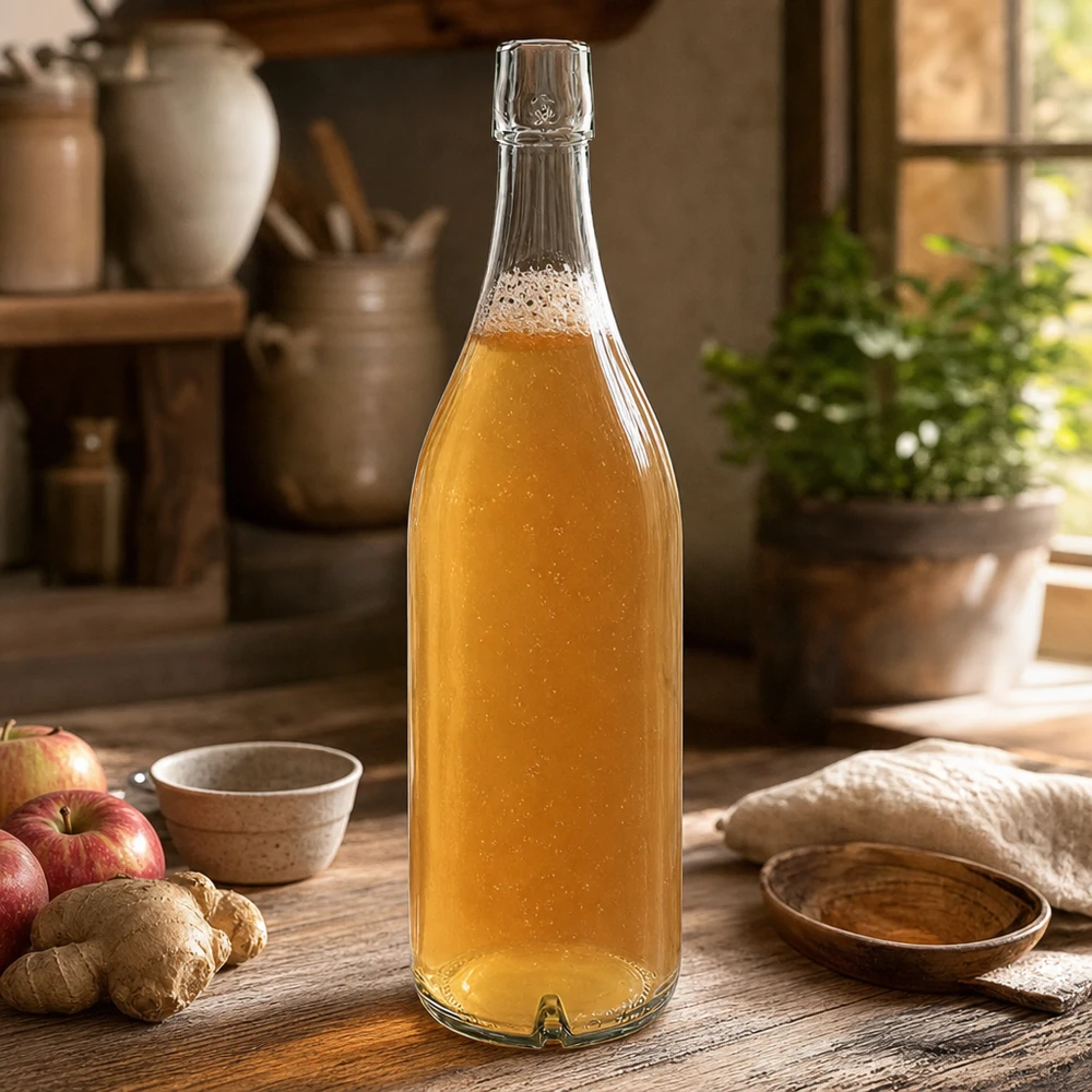 Skleněná láhev o objemu 1000 ml bez otočného víčka UNiTWIST 1000ml Glasflasche UNiTWIST mit goldenem Inhalt auf Holztisch neben Äpfeln und Ingwer in rustikaler Küche