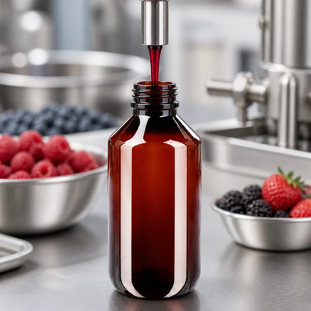 Hnědá PET láhev o objemu 200 ml při strojovém plnění extraktem z červených bobulí