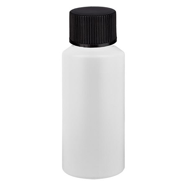 Lékárenská láhev HDPE 30ml bílá, s černým šroubovacím uzávěrem Lékárenská láhev HDPE 30ml bílá, s černým šroubovacím uzávěrem