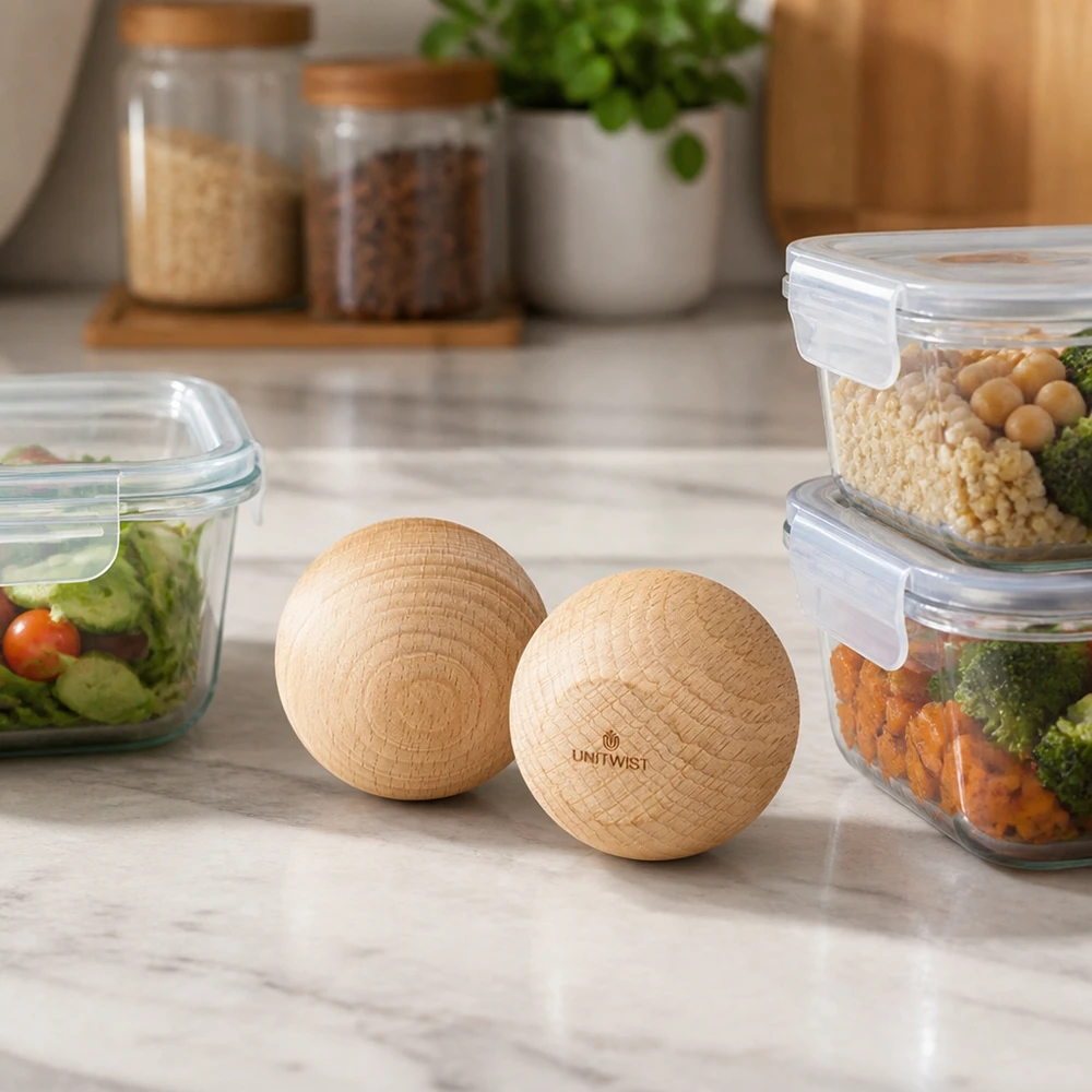 UNiTWIST Holzkugeln Buche WECK RR60 in moderner Küche mit Meal-Prep-Boxen und Vorratsgläsern Lifestyle-Szene