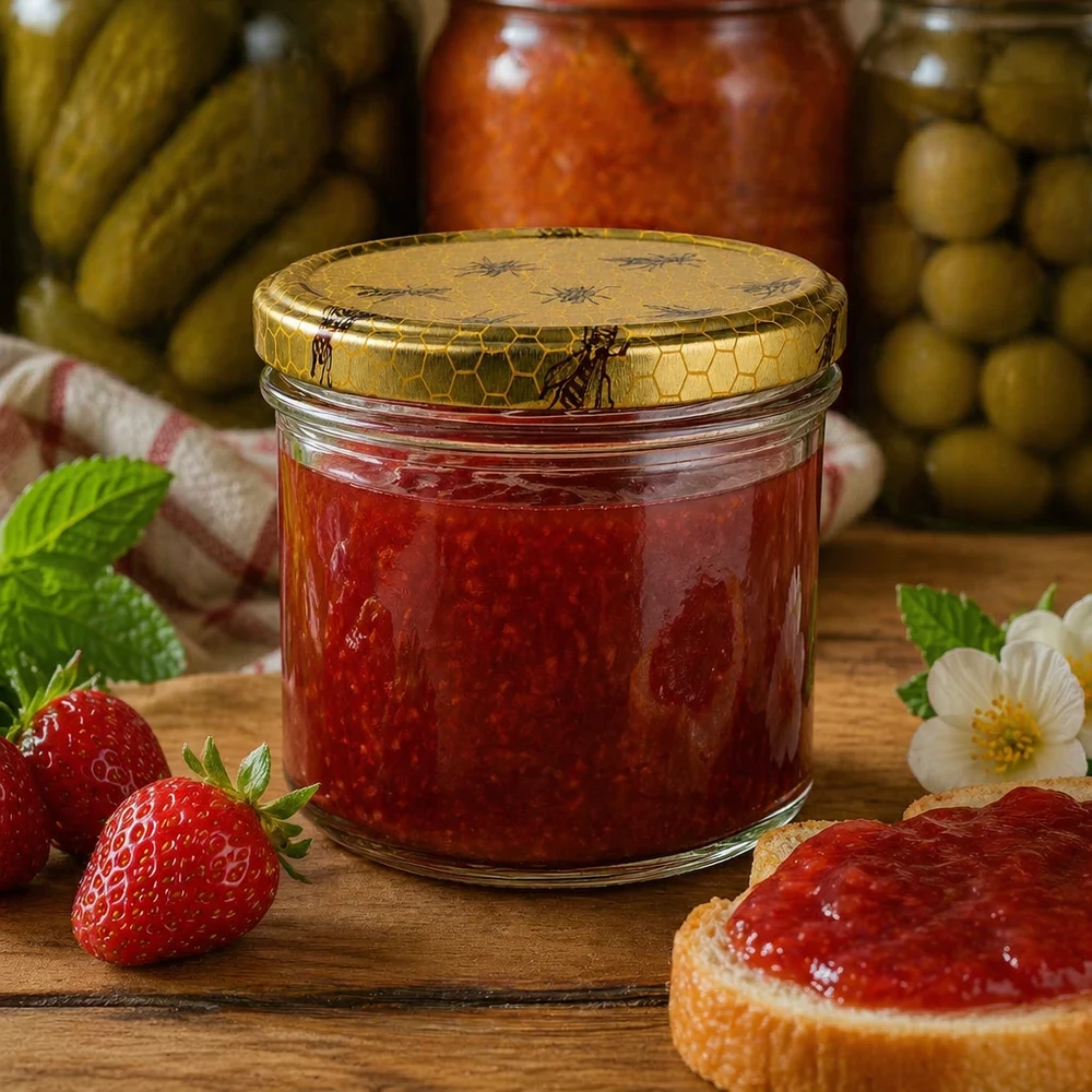 250g Honigglas mit Bienenwabe Deckel BasicSeal UNiTWIST Bienenwaben-Honigglas 250g mit Marmelade gefüllt neben frischen Erdbeeren und Brot auf Holztisch
