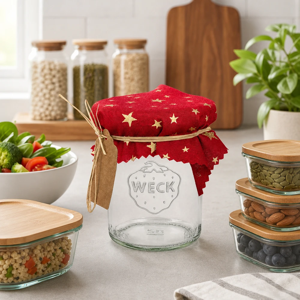 Látkový ubrousek na šperky červený "hvězdy" 12cm čtvercový Rotes Sterne-Stoffdeckchen 12cm auf leerem WECK Glas Küchentisch mit Vorratsgläsern und frischem Gemüse Ambiente