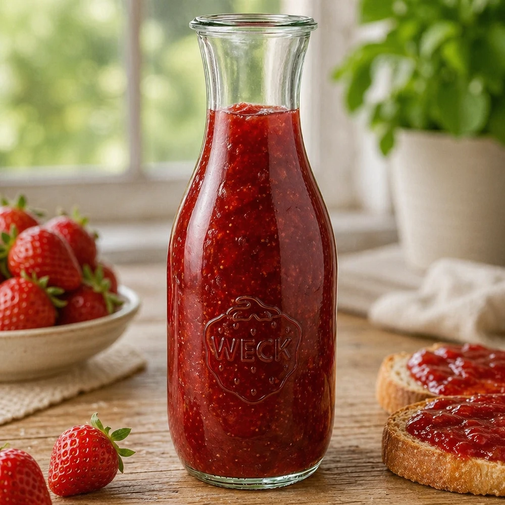 1062ml láhev na šťávu WECK RR60 s dřevěným dřevem. WECK Saftflasche 1062ml RR60 gefüllt mit hausgemachter Erdbeermarmelade neben Brotscheiben und frischen Beeren