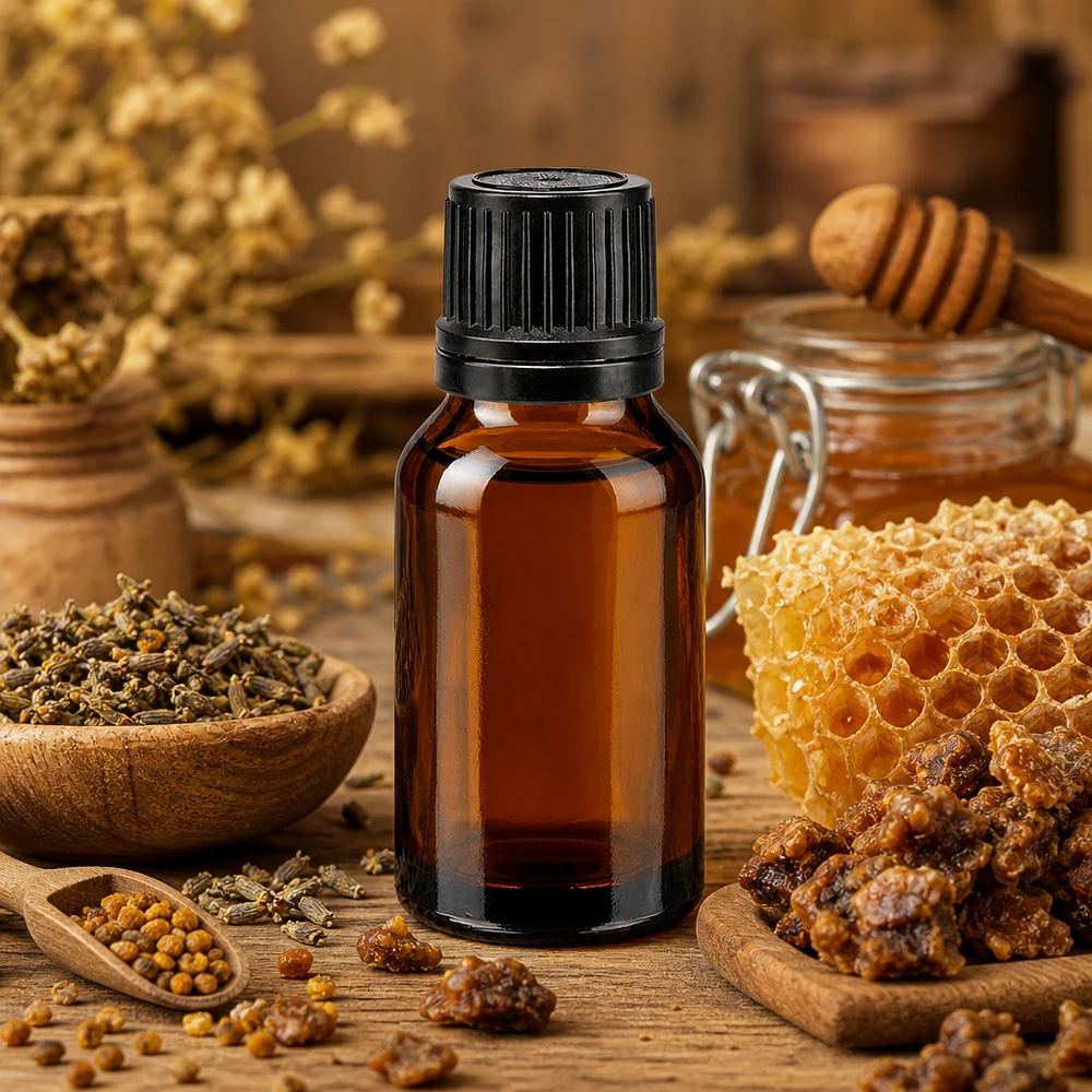 Dunkle 15ml Tropfflasche mit Gießring für ätherische Öle neben Bienenwabe und Naturharzen