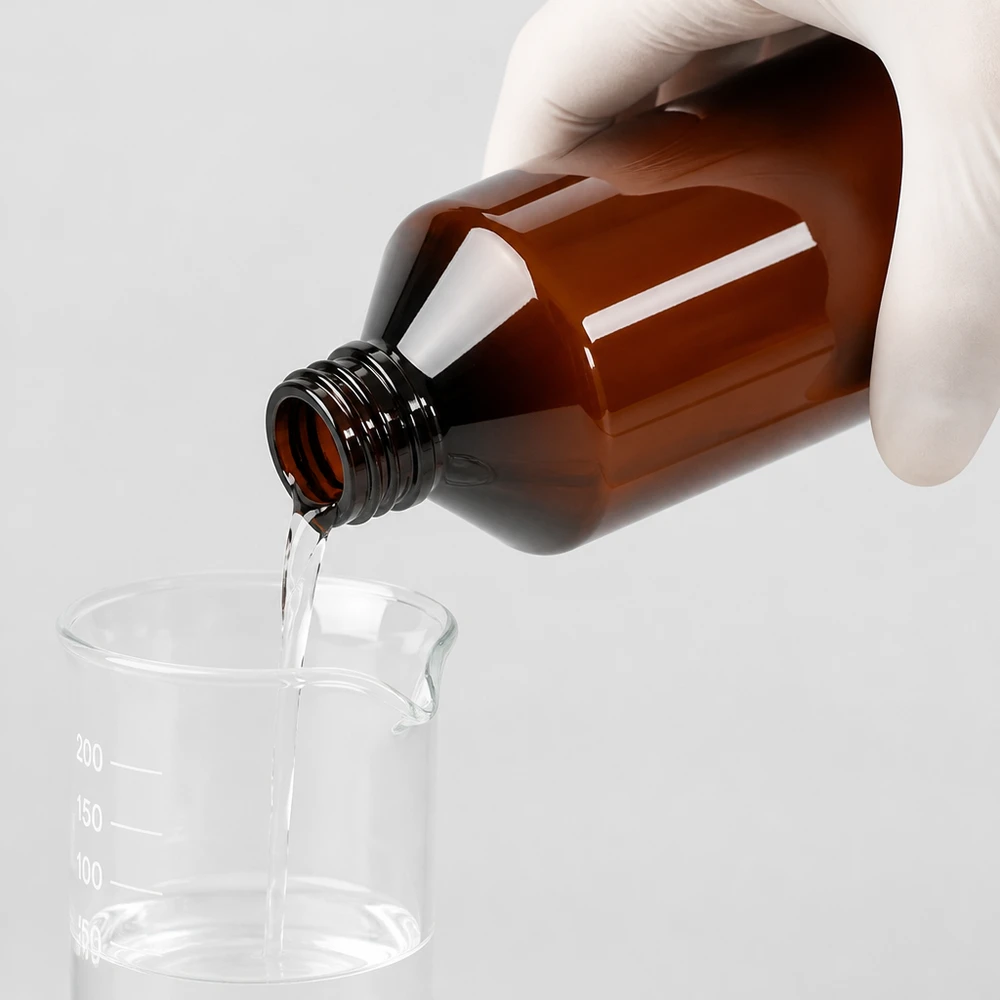 PET láhev 500ml se zeleným uzávěrem, který je zřetelný při manipulaci s lahví. Čirá kapalina se pomocí laboratorních rukavic nalévá z hnědé PET láhve o objemu 500 ml do kádinky.